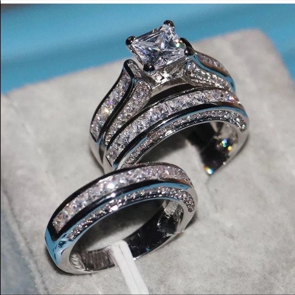 New 3pc/set 925 Silver Wedding Diamond Ring - Picture 4 of 5